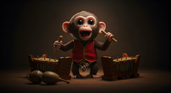 Cute 3D monkey character wearing traditional red vest, happily playing the Javanese gamelan musical instrument