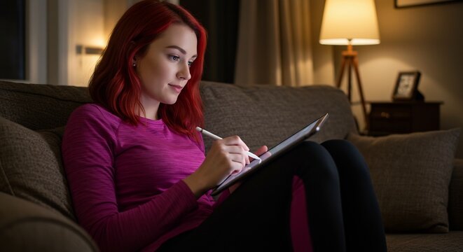 Young woman with vibrant red hair focused using a tablet and stylus in a softly lit evening room - Powered by Adobe