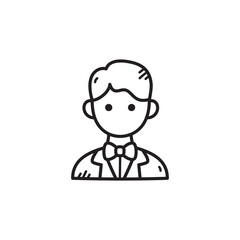 Simple black and white doodle illustration of a smiling groom in a suit and bow tie isolated on a transparent white background perfect for wedding invitations and greeting cards