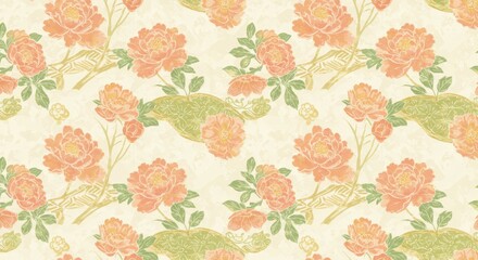 Seamless Traditional Japanese Pattern with Maple Leaves and Chrysanthemums
