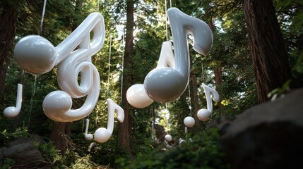 Giant white musical notes suspended in a lush forest glade under a dappled sunlight canopy