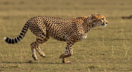 Fast cheetah running gracefully across a sunlit dry savanna landscape during a warm sunny day.. AI Generated