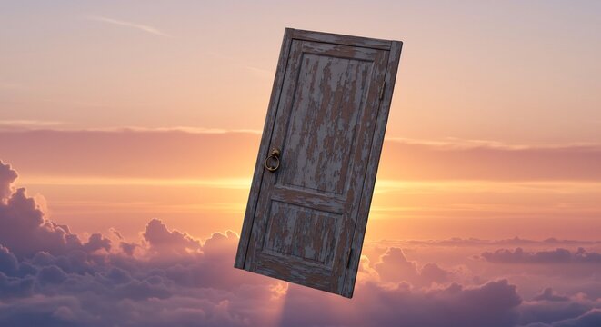 Old weathered wooden door floating serenely in a vibrant golden sunset sky above fluffy clouds a mystical portal