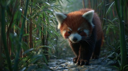 Adorable red panda walking along a rocky path amidst tall bamboo stalks in a sun-dappled forest scene