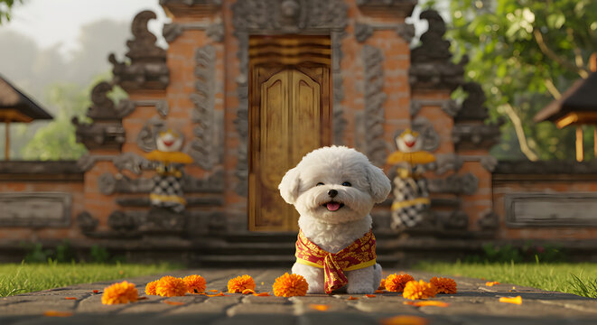 Cute white poodle wearing traditional Balinese attire and udeng headband posing in front of an ancient temple gate