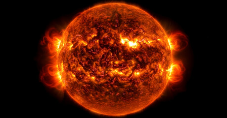 Dramatic solar flare eruption with intense fiery plasma explosion with isolated on black background.
