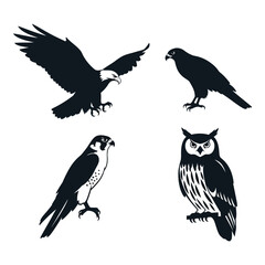 Majestic raptor silhouettes collection featuring eagle owl falcon and crow for wildlife art and design projects silhouette