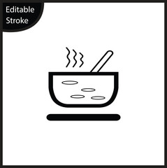 Clean, editable stroke soup bowl icon with steam and spoon. Essential for restaurant menus, food delivery apps, cooking instructions, and culinary UI UX design.