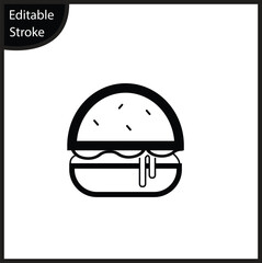 Clean, editable stroke hamburger icon with dripping sauce. Essential for food delivery apps, restaurant menus, fast food services, and culinary UI UX design.