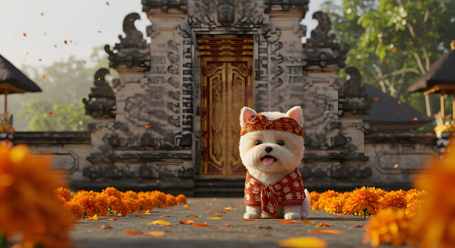 Cute white poodle wearing traditional Balinese attire and udeng headband posing in front of an ancient temple gate