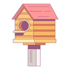 Illustrated Birdhouse Against Transparent Background with Wooden Planks and Pink Roof