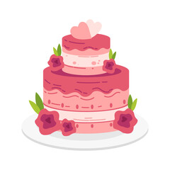 Two Tiered Pixel Art Cake with Pink Frosting Flowers and Hearts on Transparent Background