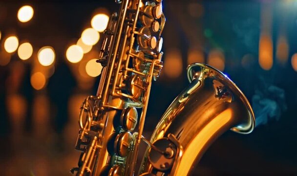 Close-up of a golden saxophone with bokeh lights in the background.
