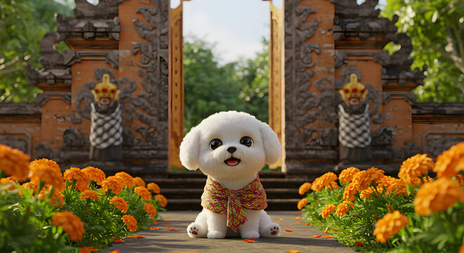 Cute white poodle wearing traditional Balinese attire and udeng headband posing in front of an ancient temple gate