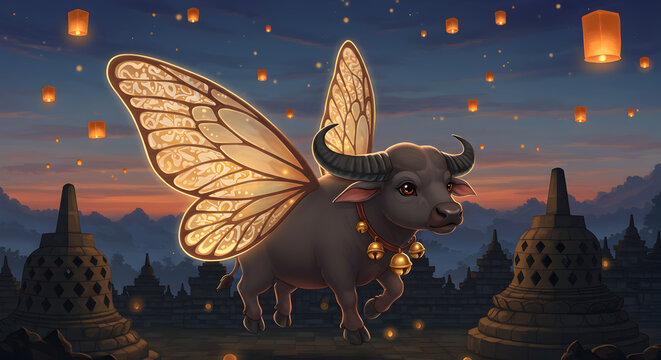 Surreal fantasy illustration of a black buffalo with magnificent golden butterfly wings under a lantern-lit night sky.