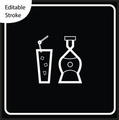 Clean, editable stroke icons of a tall drink with ice and a unique mixer bottle, presented in white on a dark background. Ideal for dark mode bar menus and food delivery apps.