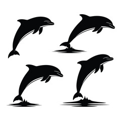Dynamic silhouette set of four leaping dolphins captured in mid-air splash art for aquatic themes silhouette