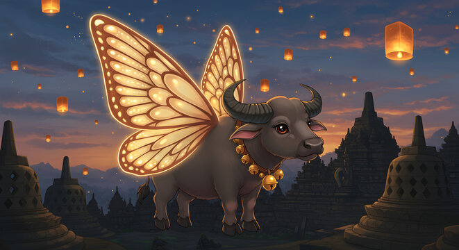 Surreal fantasy illustration of a black buffalo with magnificent golden butterfly wings under a lantern-lit night sky.