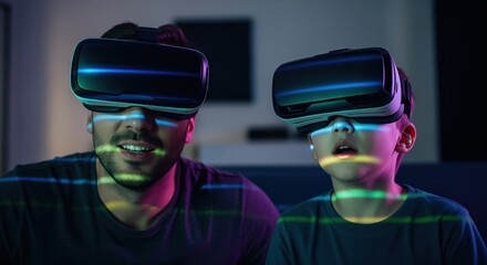 Father and son experiencing virtual reality together, illuminated by vibrant VR light
