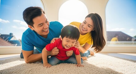 Happy asian parents playing with their joyful young son on a carpeted floor