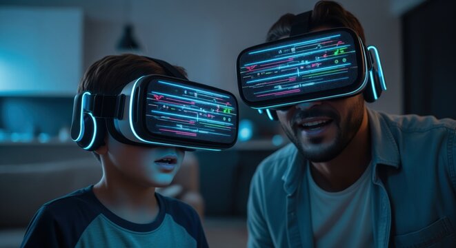 Father and son immersed in virtual reality experience with glowing VR headsets