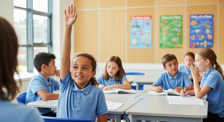 Young diverse student raising hand in an educational classroom for active learning