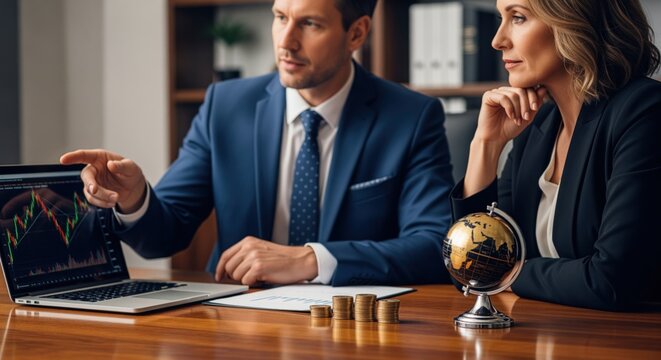 Financial advisor and client discussing investment strategy with laptop showing market data