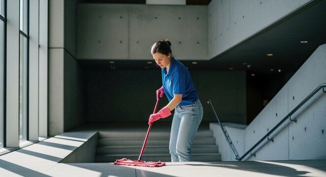 Determined cleaning professional in blue uniform meticulously mops modern concrete stairs in a building