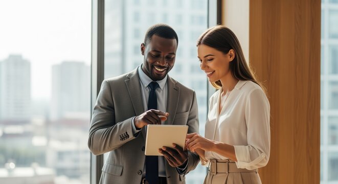 Diverse business team, a man and a woman, collaborating on a digital tablet in a modern office
