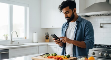 Young indian man using smartphone in modern kitchen while preparing healthy meal