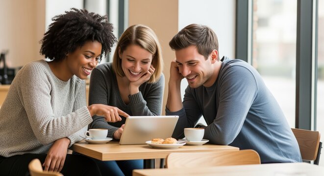 Three diverse friends laughing and sharing content on a digital tablet in a modern cafe