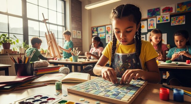 Diverse elementary school students actively engaged in a lively art class, with a girl creating a colorful mosaic - Powered by Adobe