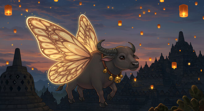 Surreal fantasy illustration of a black buffalo with magnificent golden butterfly wings under a lantern-lit night sky.