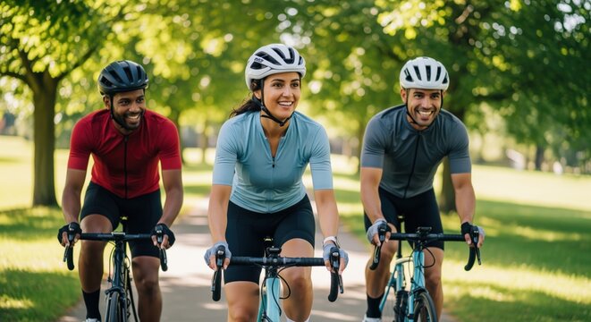 Three happy friends cycling together on road bikes in a sunny green park