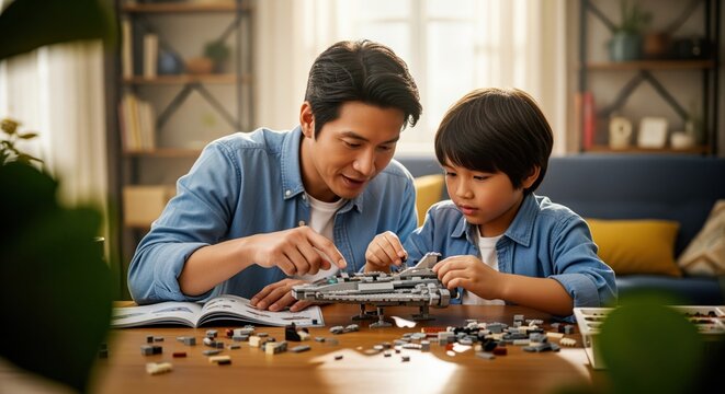 Asian father and young son focused on assembling a detailed toy model with building blocks - Powered by Adobe