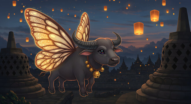 Surreal fantasy illustration of a black buffalo with magnificent golden butterfly wings under a lantern-lit night sky.