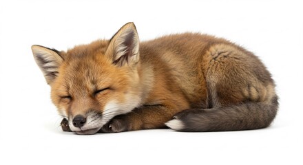 Fototapeta premium Sleepy adorable fluffy red fox kit peacefully dreams curled on a pristine white background under brilliant studio lighting. AI Generated