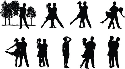 Romantic couple silhouettes dancing together, showing love, passion, happiness, relationship connection, emotional bonding, affection, and romantic moments outdoors under trees