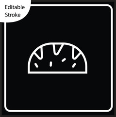 Clean, editable stroke taco or pastry icon in white outline on a dark background. Essential for dark mode Mexican food apps, bakery menus, and culinary digital projects