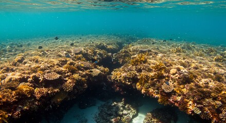 Fototapeta premium Stunning underwater coral reef trench vividly lit by brilliant sunbeams from the serene ocean surface above. AI Generated