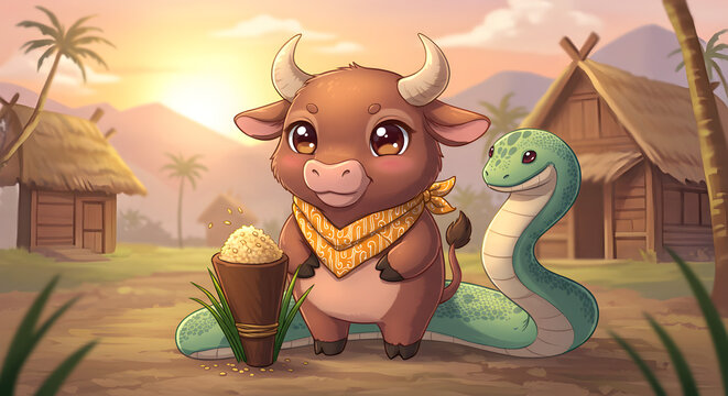Adorable 3D cartoon character of a baby buffalo and a friendly green snake celebrating friendship in a rural setting.