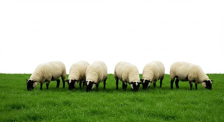 Fototapeta premium Brightly lit six fluffy sheep grazing on lush green grass with a clean isolated white background. AI Generated