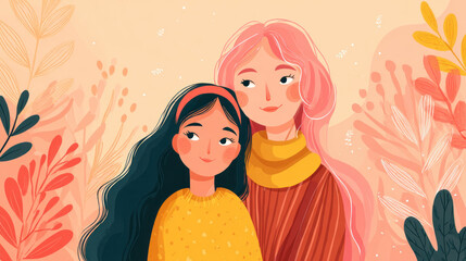 Mother and daughter warmly embrace, surrounded by stylized botanical elements in soft, warm tones