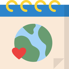 Simple flat design illustration of a calendar page with a heart and planet earth icon on a light beige background with a blue header and yellow spiral binding detail