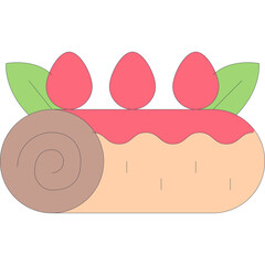 Simple Flat Illustration of Strawberry Chocolate Swiss Roll Cake with Green Leaves and Pink Frosting on Transparent Background Perfect for Digital Design