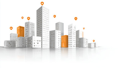 Abstract cityscape with white & orange buildings marked by location pins on a reflective surface