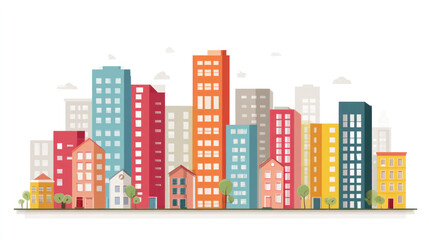 Colorful, cartoon cityscape featuring various sized, simplistic buildings against a bright background