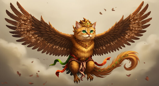 "Majestic fantasy cat with golden eagle wings, wearing traditional royal crown and armor,