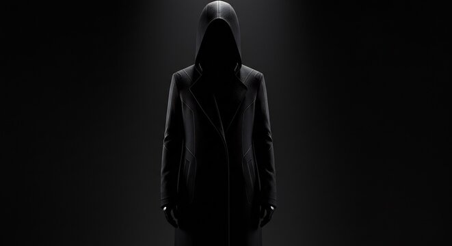 Dark mysterious hooded figure stands alone in dramatic low key lighting with deep shadows completely obscuring identity.. AI Generated