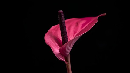 Close-up macro shot of a vibrant pink anthurium flower with dark spadix isolated against a deep black background in dramatic studio lighting